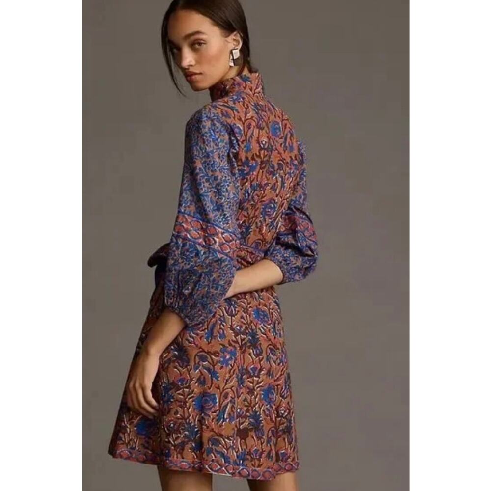 Sue Sarter Flounce Shorty Dress Brown Blue No Belt Medium - Picture 2 of 7